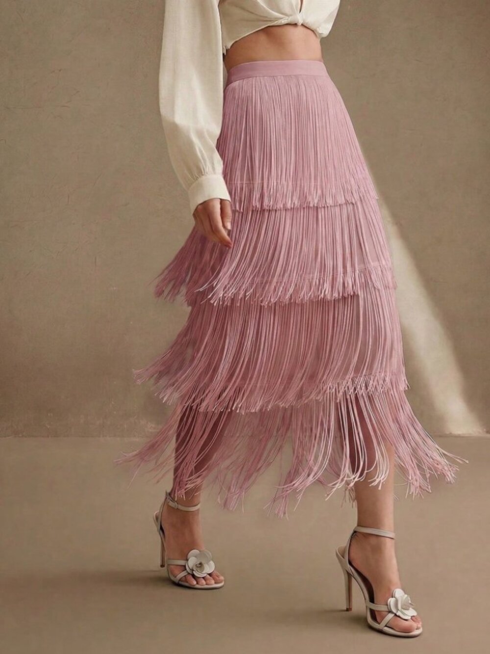 Mauve Pink Satin Tiered Fringe Midi Skirt